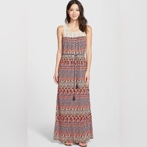 Crochet Yoke Tribal Print Maxi Dress